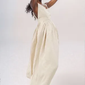 Vestido largo elegante de lino con escote en V y espalda descubierta para mujer, beige