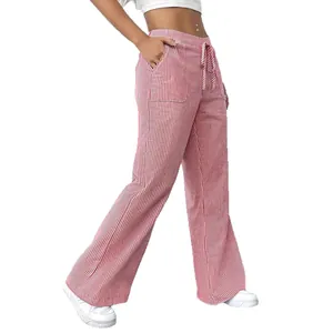 Women's casual red and white striped straight-leg trousers with drawstring waist