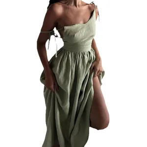 Elegante vestido largo verde salvia con espalda descubierta y cintura alta para mujer