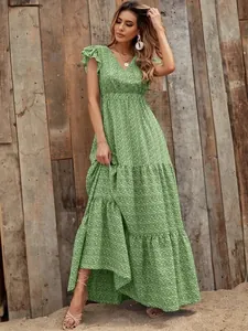Bohemian green floral V-neck tiered maxi dress with ruffled short sleeves detail