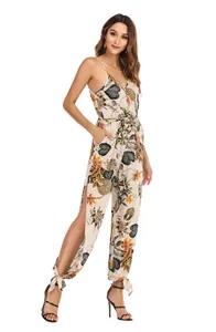 Floral print cotton jumpsuit for women featuring high side slits and tie-up ankle details