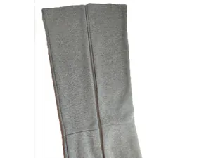 Close-up of heather grey fabric and stitching on wide leg casual sweatpants