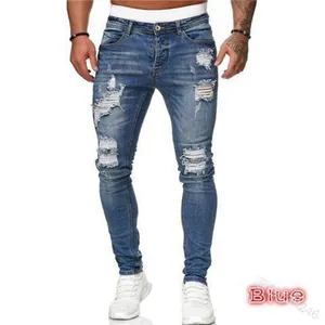 Men's blue slim fit ripped skinny jeans featuring distressed holes and distressed patches