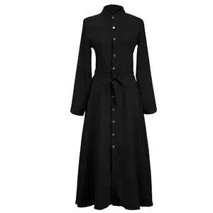 Élégante robe longue en mousseline noire à manches longues avec ceinture nouée