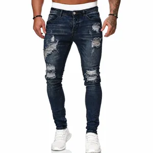 Men's stylish skinny fit ripped denim jeans in a premium dark blue wash finish