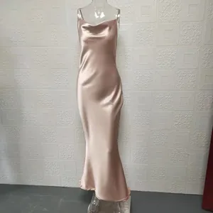 Elegant champagne satin cowl neck mermaid dress with delicate spaghetti straps