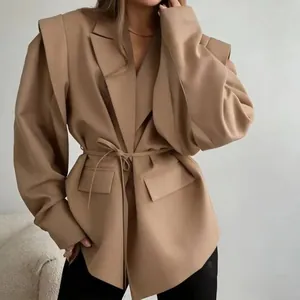 Stylish khaki tie-waist blazer with notched lapels and wide shoulders for women