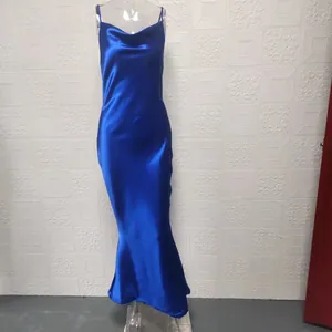 Full view of a royal blue satin mermaid dress on a mannequin for nightclub or evening wear