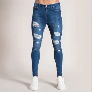 Fashionable men's blue distressed skinny jeans with ripped detailing and elastic fit