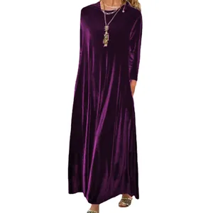 Elegante vestido largo de terciopelo morado de manga larga con corte en A para mujer