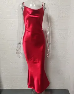 Elegant red satin backless slip fishtail maxi dress for summer evening party wear