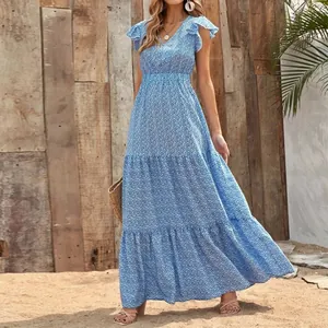 Elegant blue V-neck floral tiered maxi dress with ruffled sleeves for summer vacation