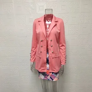 Stylish two-piece women's outfit featuring a pink blazer and colorful plaid skirt.