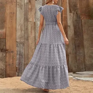 Elegant V-neck floral print high waist tiered maxi dress with flutter sleeves back view
