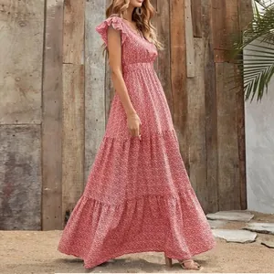Floral V-neck tiered maxi dress with ruffle short sleeves and high waist for women