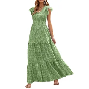 Green floral print V-neck high waist tiered maxi dress with flutter sleeves.