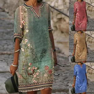 Women's Vintage Ethnic Floral Print Midi Dress Casual V-Neck Short Sleeve Bohemian Style Loose Summer Beach Dress Polyester