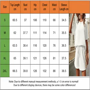 Size chart for summer batwing sleeve top and shorts two-piece lounge set in white