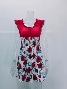 Front view of elegant red and floral print U-neck summer dress on transparent mannequin