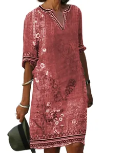 Casual ethnic style printed V-neck dress for women featuring white floral patterns