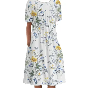 Women's casual short sleeve floral midi dress with white base and flared skirt design