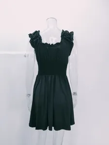 Elegant black U-neck dress with smocked waist and ruffled cap sleeves for summer