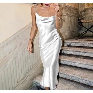 Elegant white satin slip dress with cowl neck and mermaid hem for evening parties.