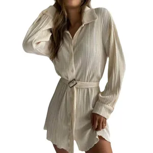 Elegant long sleeve pleated shirt dress with waist belt in cream off-white color