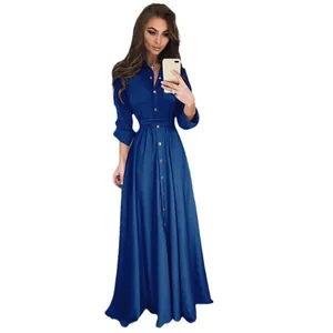 Élégante robe chemise longue bleu marine à manches longues et boutonnée