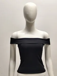 Detailed view of a sleek black off-the-shoulder slim fit top displayed on a mannequin