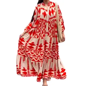 Elegant Bohemian maxi shirt dress with red and white geometric print for women
