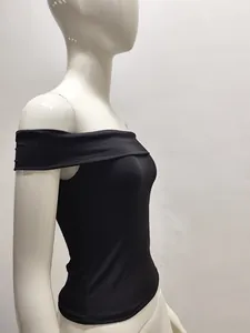 Side view detail of black off-the-shoulder slim fit T-shirt for women's summer wear