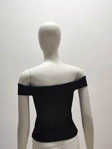 Back view of a stylish sexy black off-the-shoulder slim fit top shown on a mannequin