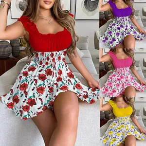 Elegant floral summer dress with ruffled U-neck and flared skirt in multi-color options