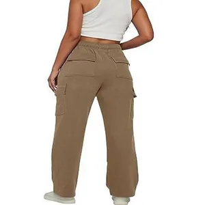 Damen Cargo-Hose mit hoher Taille in Khaki, lockere Passform, gerader Schnitt Ansicht.