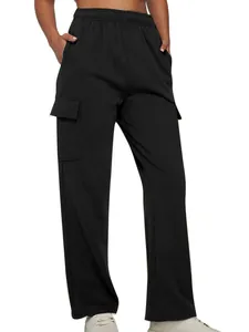 Schwarze Damen Cargo-Hose mit hoher Taille, einer lockeren Passform und geradem Bein