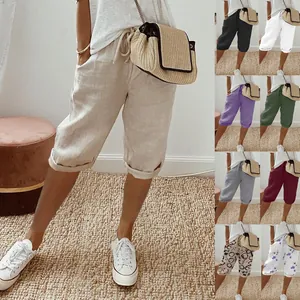 Lässige Caprihose aus Baumwollleinen mit elastischem Kordelzug und Seitentaschen