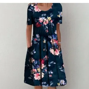 Navy blue plus size casual floral print short sleeve swing dress with side pockets