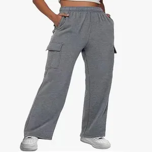 Lockere Damen-Cargo-Jogginghose mit hoher Taille in Grau und weitem, geradem Bein