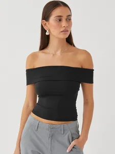 Sexy black off-the-shoulder fitted top for women summer casual streetwear style