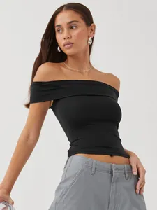 Detailed view of a slim-fit black off-the-shoulder summer top for women
