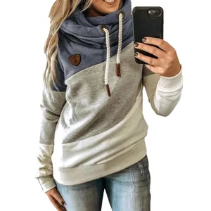 Close-up detail of women's color-block cowl neck pullover sweatshirt with white drawstrings