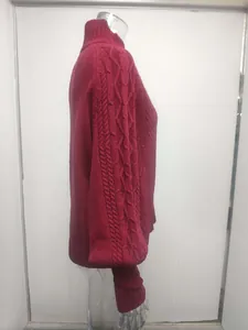 Side view of maroon cable knit sweater featuring elegant lantern sleeves and high neck