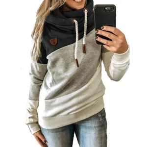 Detail showing the color-blocked design and thick drawstring of the cowl neck hoodie.