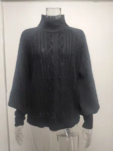 Detailed view of black cable knit turtleneck sweater featuring elegant lantern sleeves