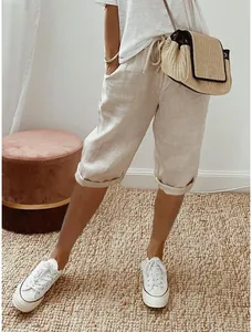Detailansicht der Herren Sommer Leinen-Kordelzug-Shorts mit Taschen in Hellbeige