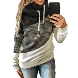 Casual women's cowl neck hoodie with color-blocked camouflage design and thick drawstrings