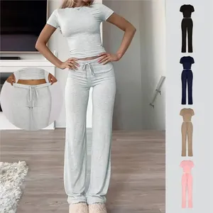 Ensemble Deux Pièces T-Shirt Manches Courtes et Pantalon Large Couleur Unie Décontracté pour Femme Tenue d'Été