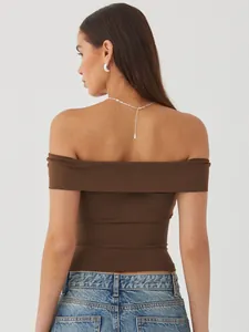 Close-up back view of a chic brown off-the-shoulder slim-fit top for summer fashion.