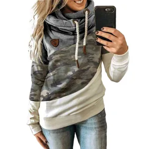 Stylish casual women's cowl neck sweatshirt featuring a camouflage color block design